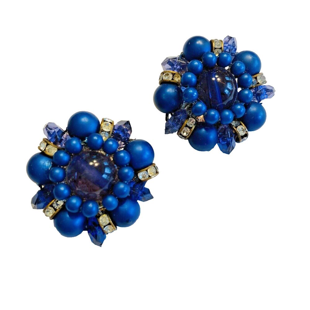 Vintage Mid Century Clip On Earrings Blue Bead & White Rhinestones Clusters
